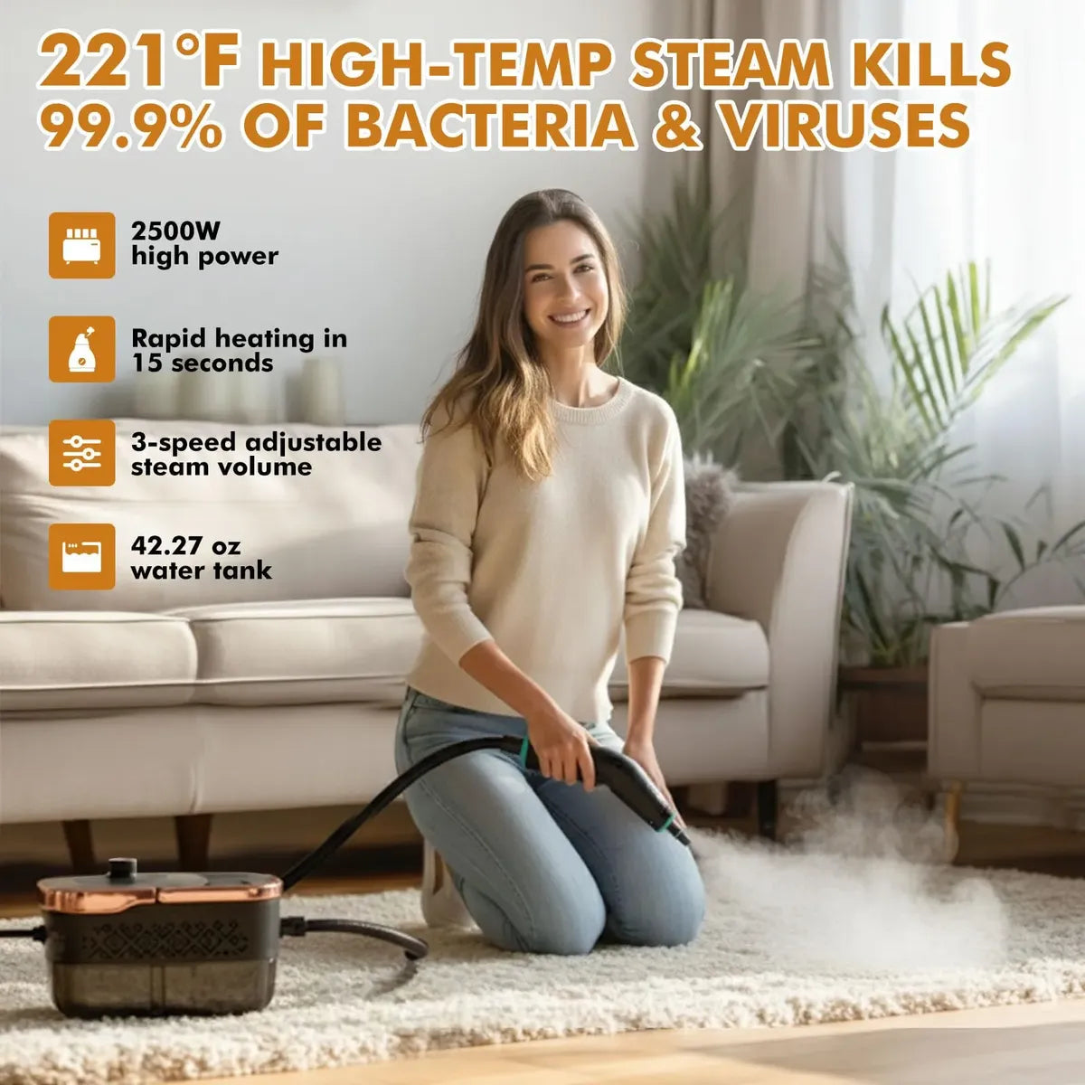 Limpiador a Vapor Portátil Enromted 2500W 1.25L | Limpieza Profunda Multiusos - 120V
