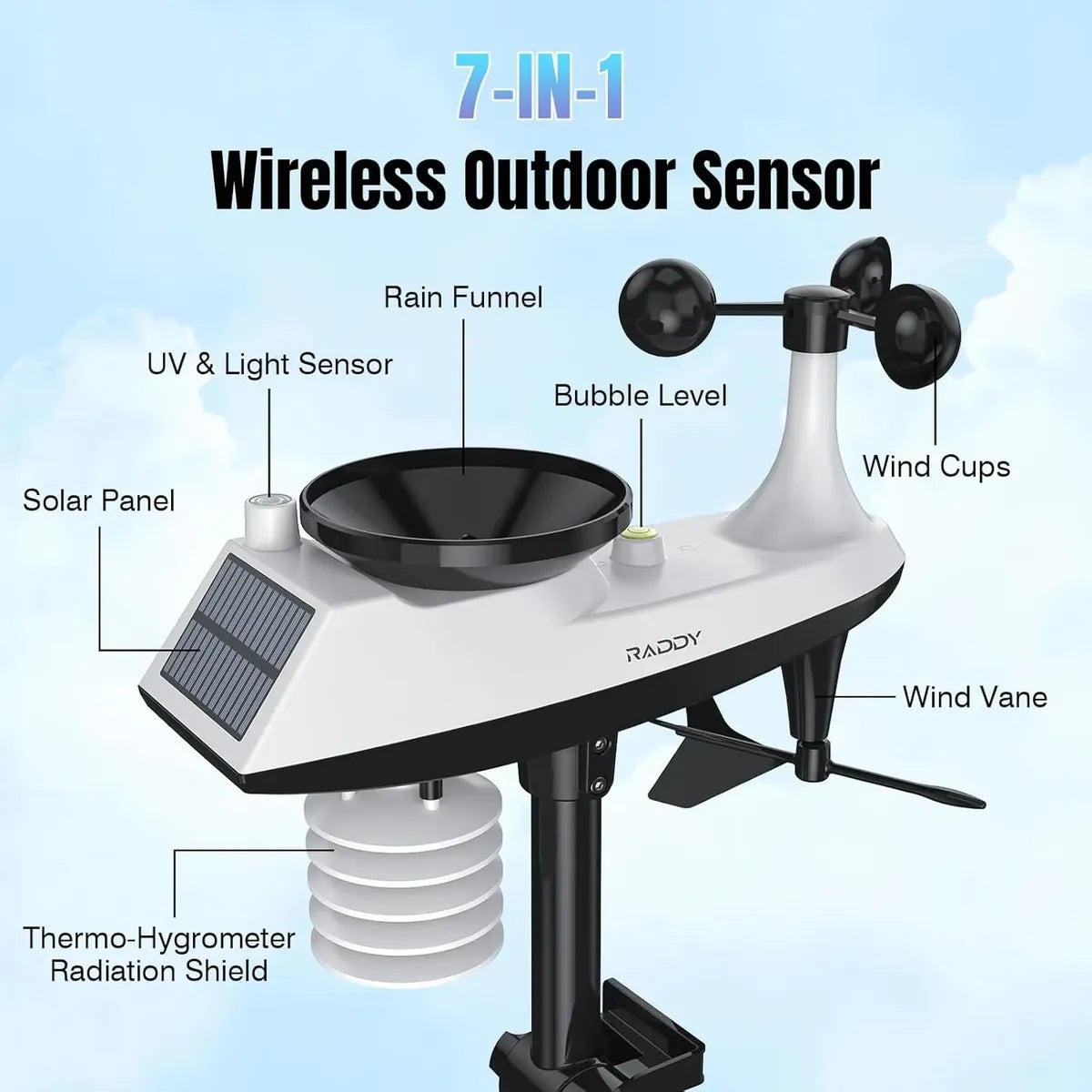 Raddy VP7 Wi-Fi 15 en 1 – Estación Meteorológica con Pantalla de 7,4" y Sensor Exterior