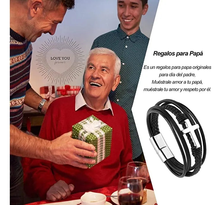 Pulsera de cuero y cruz Acero para hombre