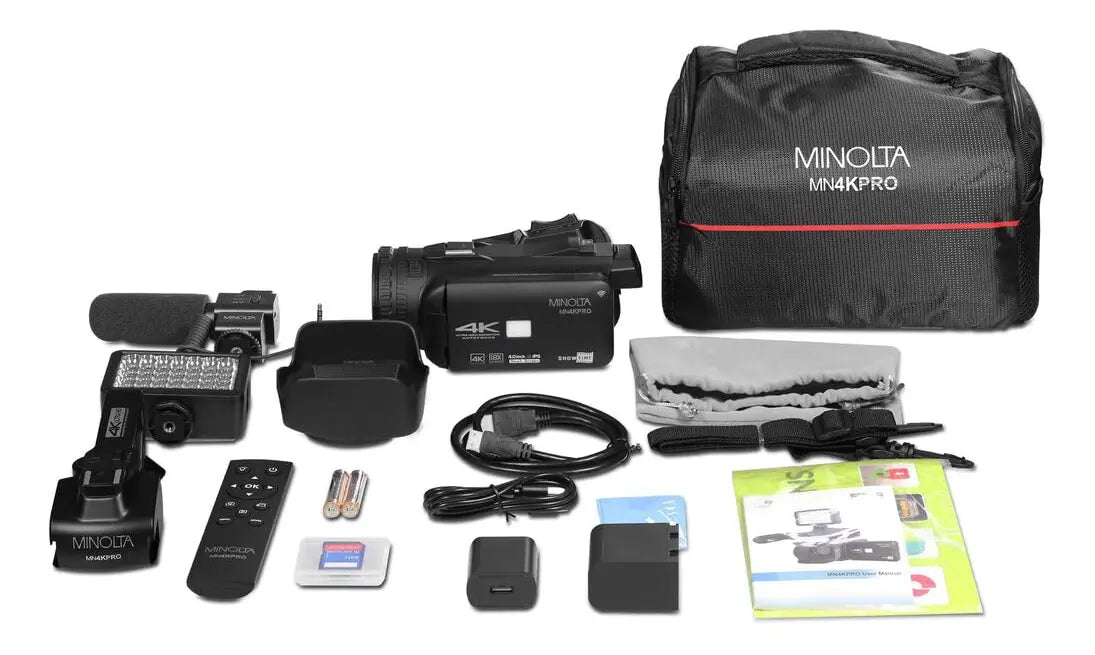 Paquete Videocámara Minolta MN4KPRO 4K UHD 60 FPS 64 MP WiFi Kit Profesional