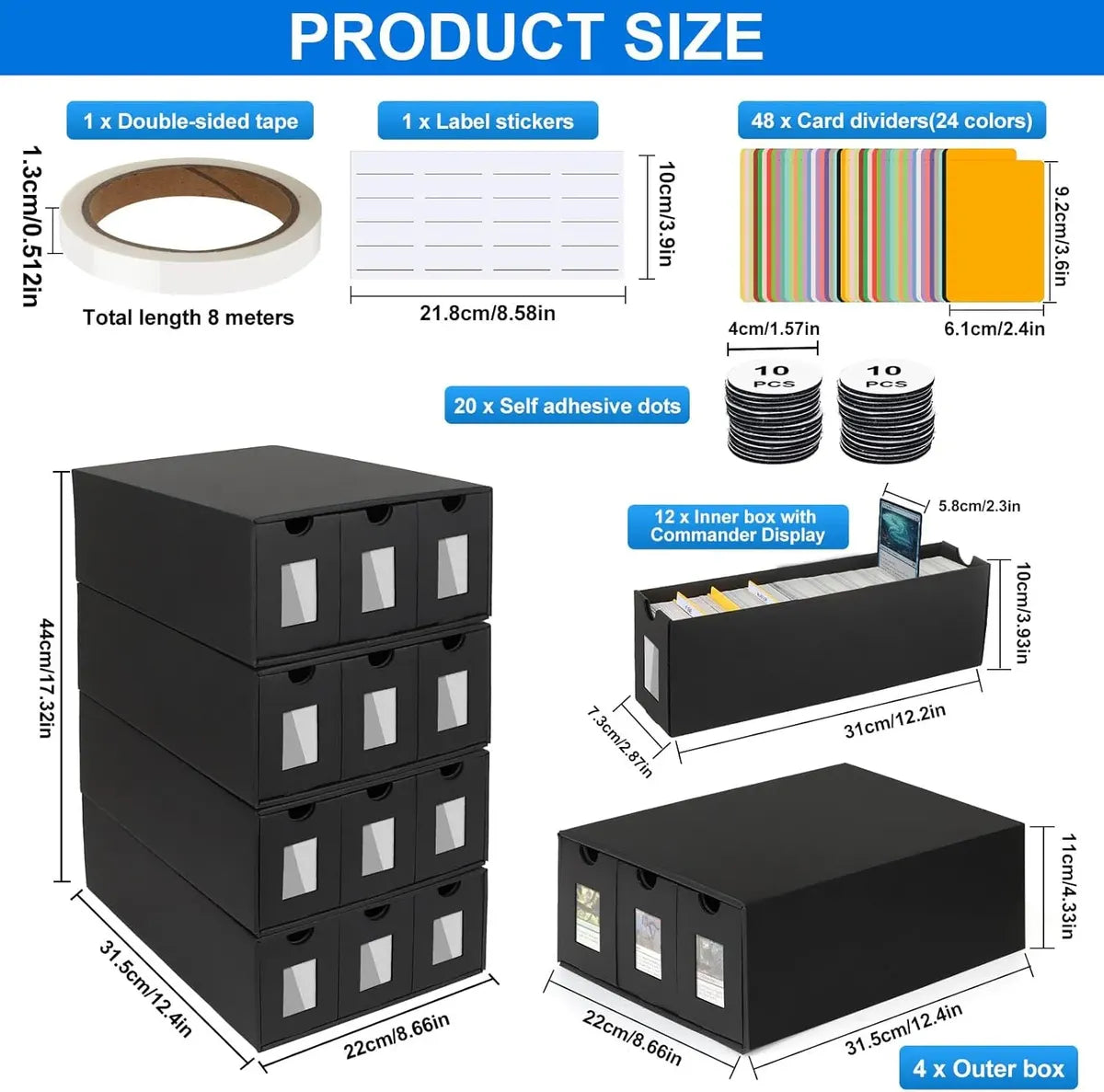 Caja Organizadora para Cartas Coleccionables con 48 Separadores – 12 Cajones Negros