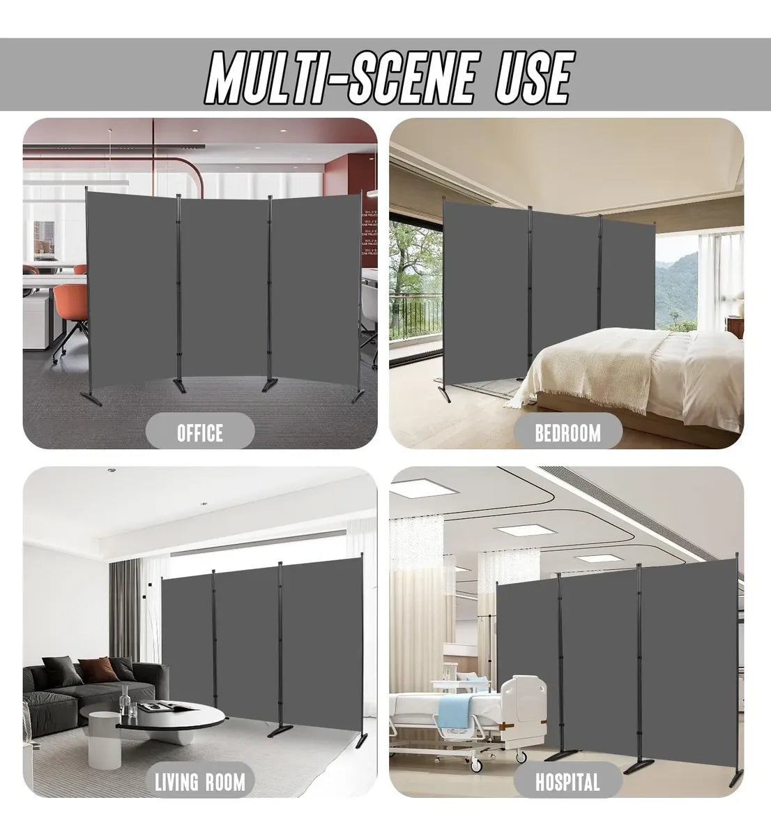 Biombo Divisor Interior Portátil Haven – 3 Paneles, 2,6 m, Gris Oscuro