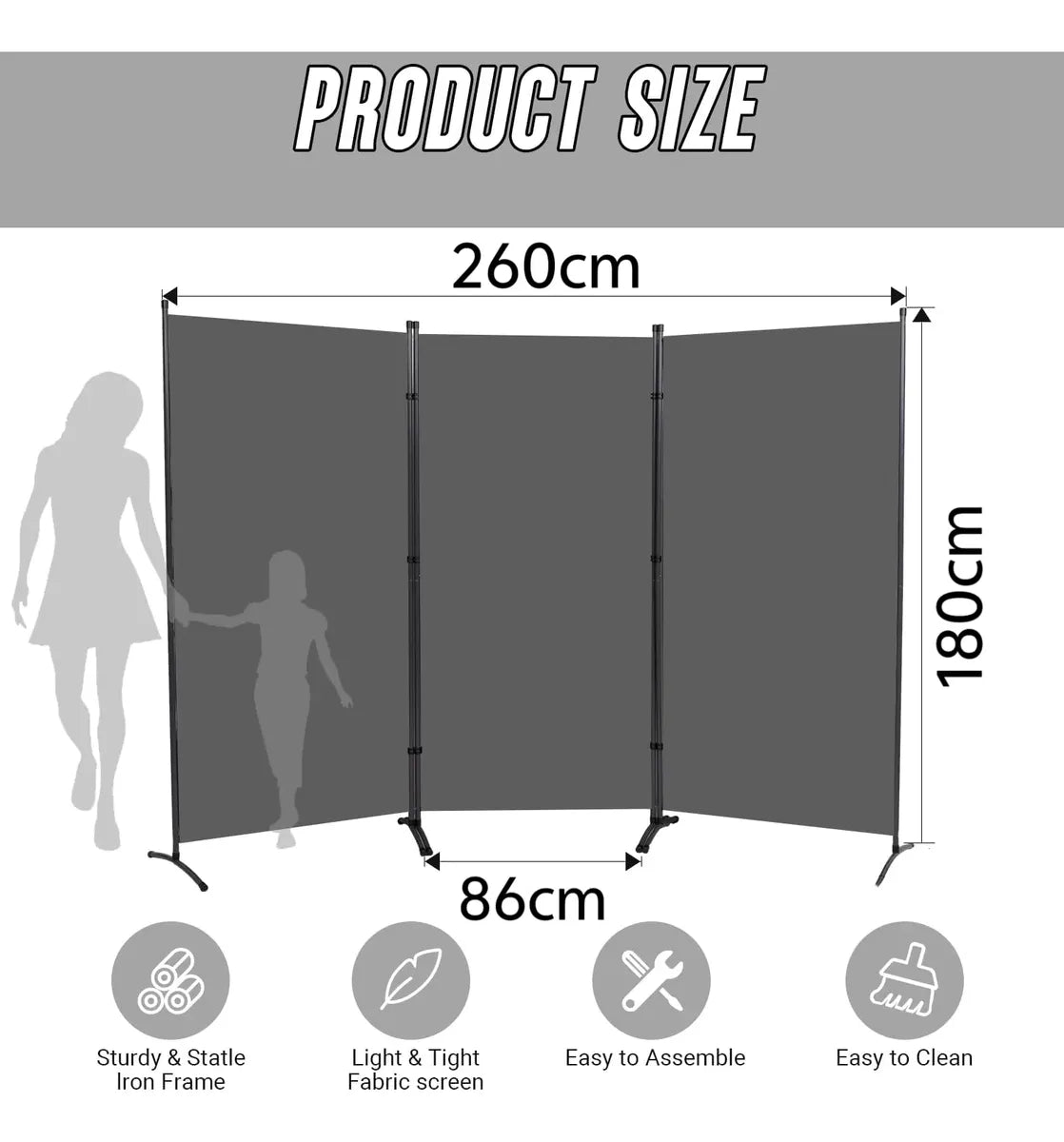 Biombo Divisor Interior Portátil Haven – 3 Paneles, 2,6 m, Gris Oscuro
