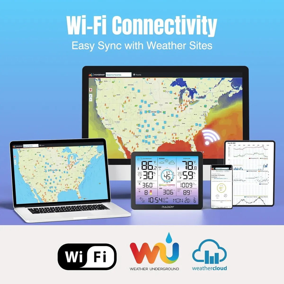 Raddy VP7 Wi-Fi 15 en 1 – Estación Meteorológica con Pantalla de 7,4" y Sensor Exterior