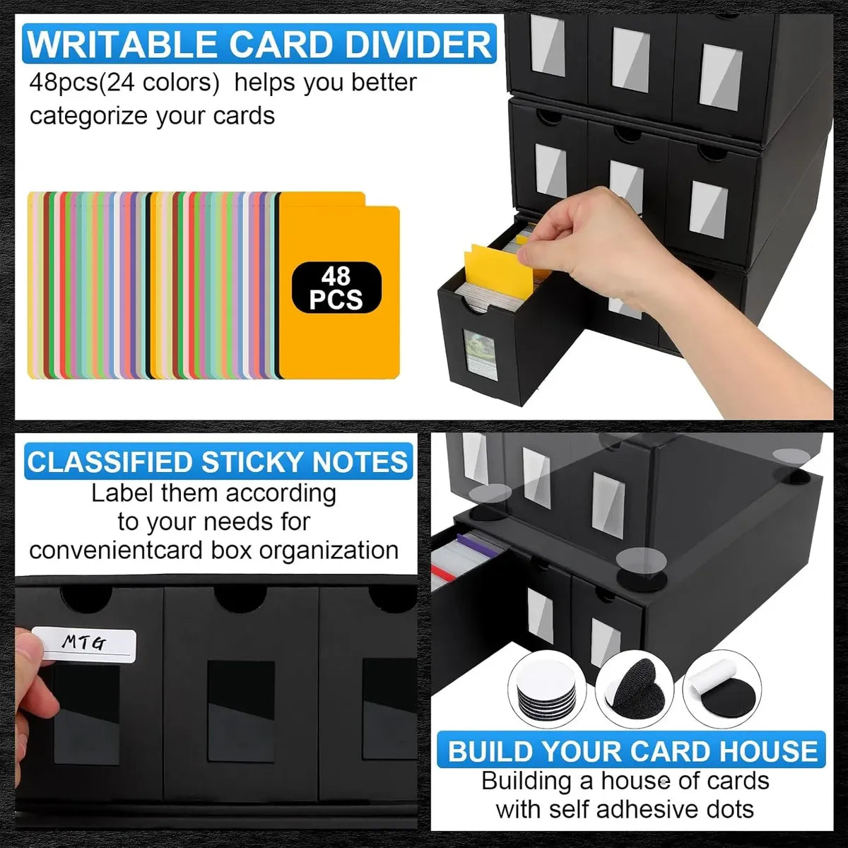 Caja Organizadora para Cartas Coleccionables con 48 Separadores – 12 Cajones Negros
