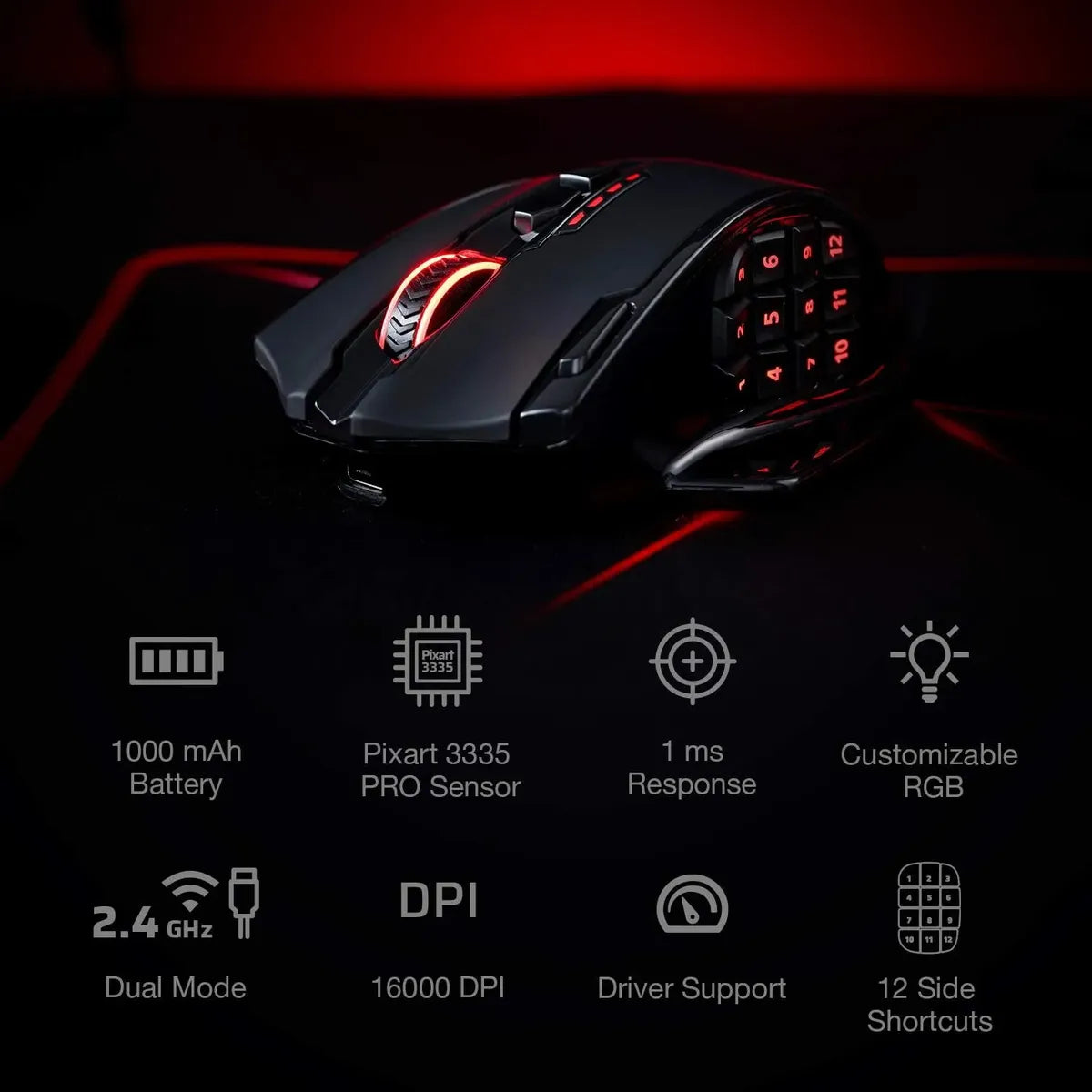 Mouse Gamer Redragon M913, Inalámbrico, 16 Botones, Negro