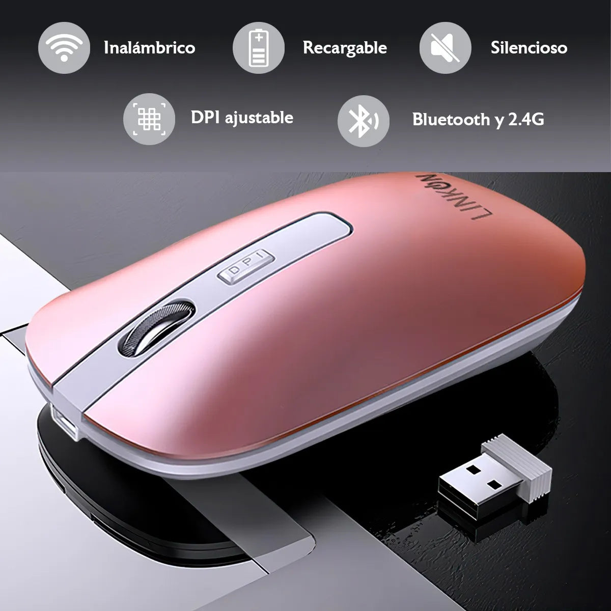 Mouse Inalambrico Dual Bluetooth Usb Recargable Para Mac Windows Color Rosa Linkon