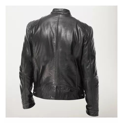 Chaqueta de EcoCuero Delgada con Cuello Alto para Hombre-Negro