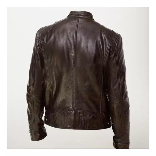 Chaqueta de EcoCuero Delgada con Cuello Alto para Hombre-Negro
