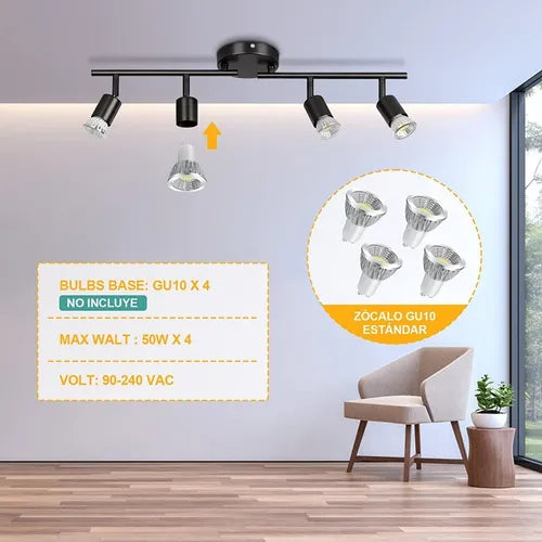 4 Foco Riel Luz Cálida Riel Monofásico 1mt Negro