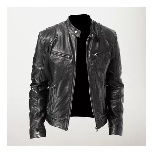 Chaqueta de EcoCuero Delgada con Cuello Alto para Hombre-Negro