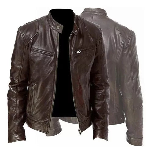 Chaqueta de EcoCuero Delgada con Cuello Alto para Hombre-Negro