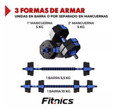 Mancuernas Pesas Ajustables Set De 10 Kg Total Fitnics 2en1 +barra Color Azul