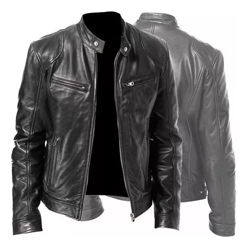 Chaqueta de EcoCuero Delgada con Cuello Alto para Hombre-Negro