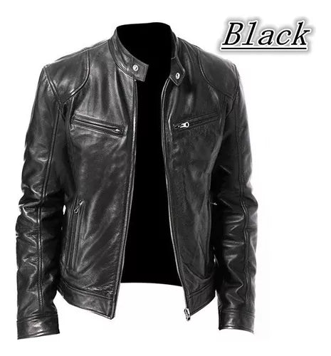 Chaqueta de EcoCuero Delgada con Cuello Alto para Hombre-Negro