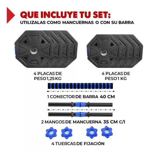 Mancuernas Pesas Ajustables Set De 10 Kg Total Fitnics 2en1 +barra Color Azul