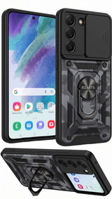 Carcasa Antigolpes para Samsung Galaxy S21 con Protector de Cámara Deslizante, Anillo Metálico y Diseño Camuflaje