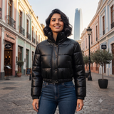 Chaqueta de Ecocuero para Mujer con Cuello Alto | Cierre Frontal | Estilo Puffer Invierno