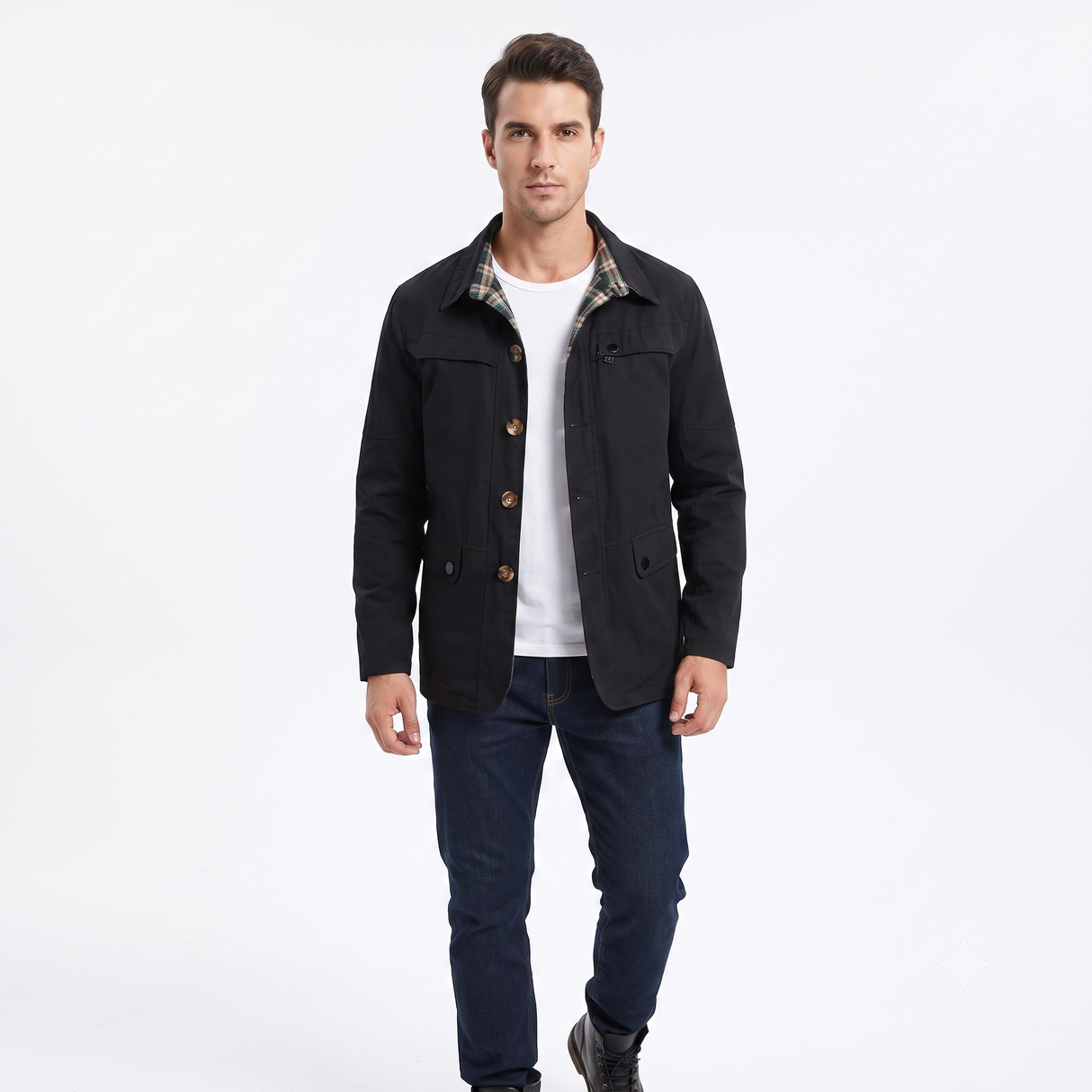 Chaqueta Casual VERISH para Hombre | Tela Drill Premium | Forro Escocés | Estilo Field Jacket