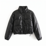 Chaqueta de Ecocuero para Mujer con Cuello Alto | Cierre Frontal | Estilo Puffer Invierno