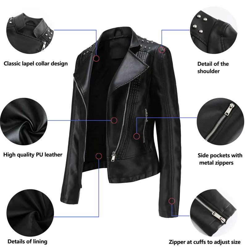 Chaqueta de Cuero Sintético para Mujer WF271 | Estilo Biker con Remaches para Primavera y Otoño