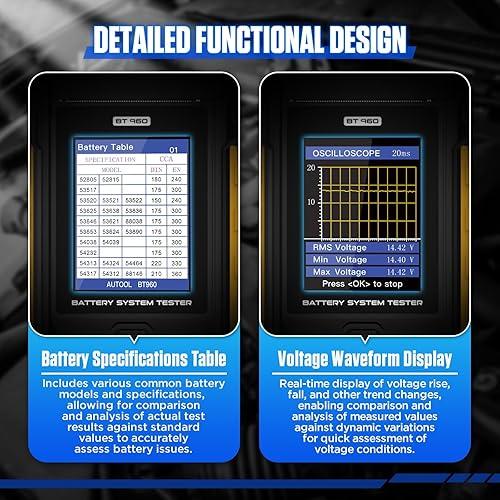AUTOOL BT960 Probador de Baterías Automotrices 12V/24V con Impresora Térmica, Pantalla LCD y Análisis de Baterías de Litio