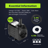 Growneer Bomba Sumergible 550GPH 30W 2000L/H 110V