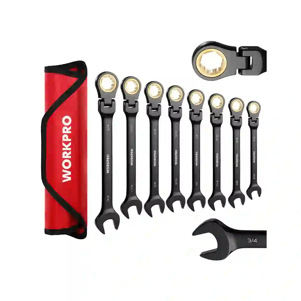 Juego de Llaves Combinadas WORKPRO de Carraca 8 Piezas con Cabeza Flexible Antideslizante | Métricas CR-V