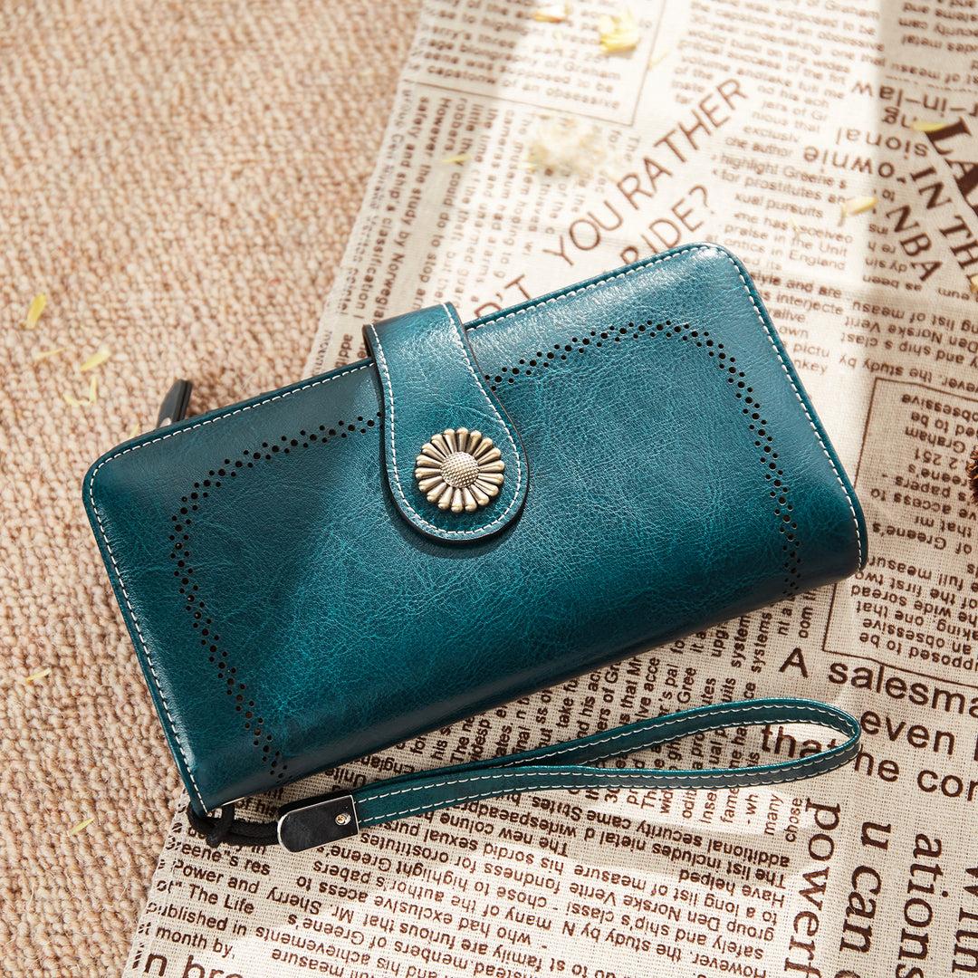 Cartera Billetera SENDEFN Mujer Cuero Genuino RFID Peacock Blue con Correa