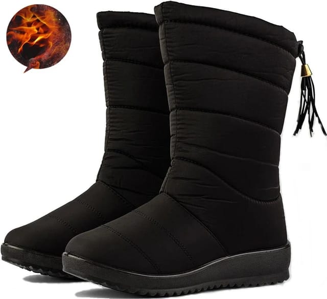 Botas cálidas de piel para Mujer, botines de nieve impermeables con borlas, color negro