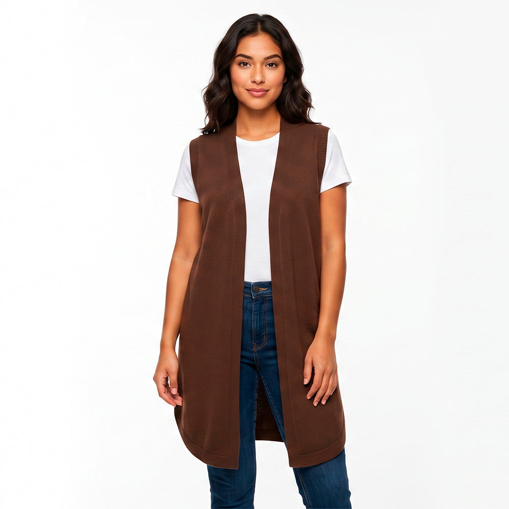 Chaleco Largo Basement para Mujer Color Café | Diseño Abierto sin Mangas | Elegancia Casual