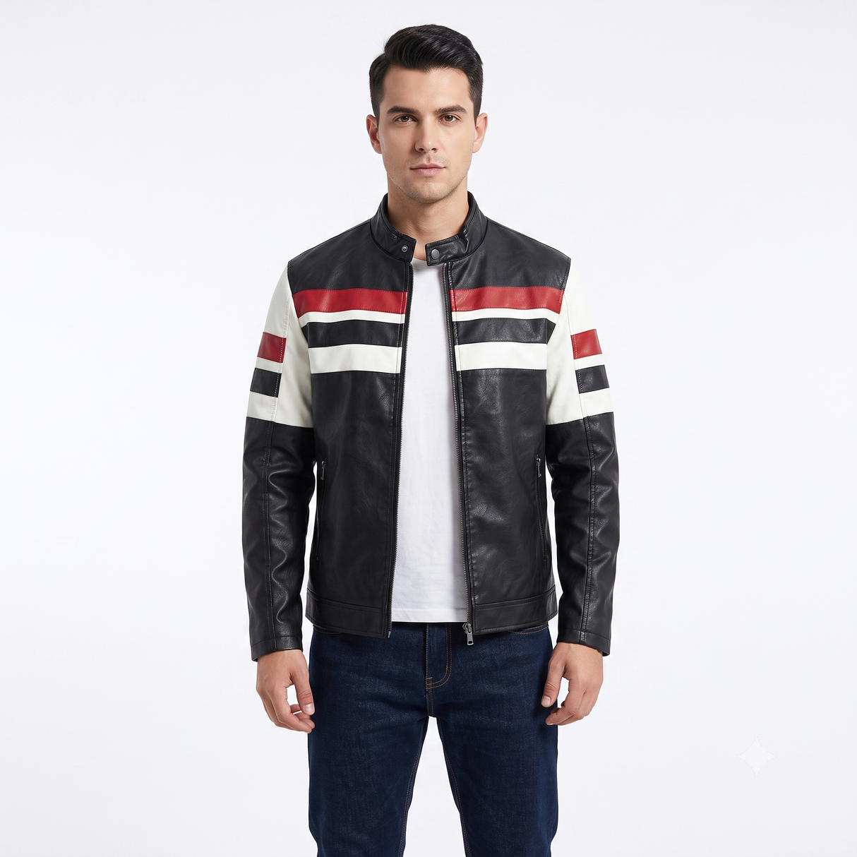 Chaqueta de Cuero Sintético para Hombre | Estilo Café Racer | Franjas Deportivas | Slim Fit