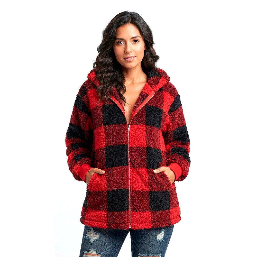 Chaqueta Mujer Casual a Cuadros con Capucha | Cierre Frontal y Bolsillos | Abrigo Otoño Invierno