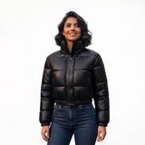 Chaqueta de Ecocuero para Mujer con Cuello Alto | Cierre Frontal | Estilo Puffer Invierno