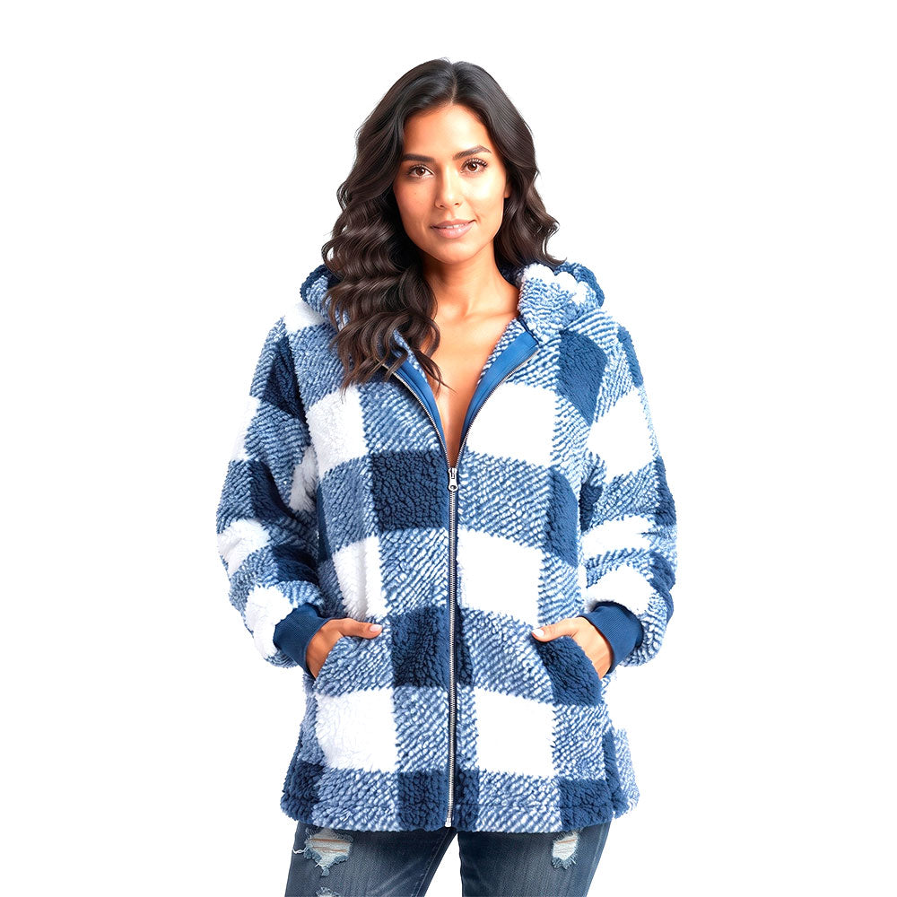 Chaqueta Mujer Casual a Cuadros con Capucha | Cierre Frontal y Bolsillos | Abrigo Otoño Invierno