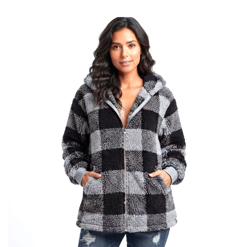 Chaqueta Mujer Casual a Cuadros con Capucha | Cierre Frontal y Bolsillos | Abrigo Otoño Invierno