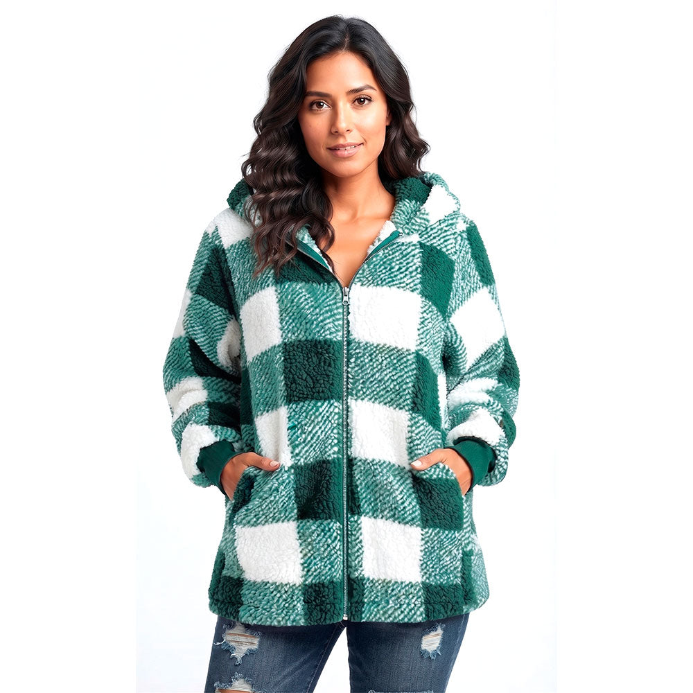 Chaqueta Mujer Casual a Cuadros con Capucha | Cierre Frontal y Bolsillos | Abrigo Otoño Invierno