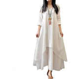 Vestido algodón lino transpirable corte ajustado largo-blanco.
