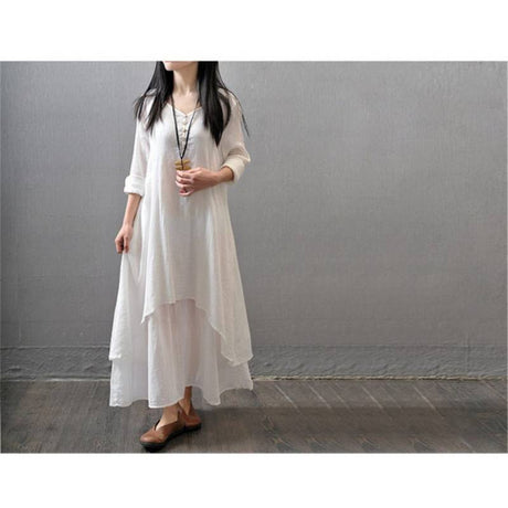 Vestido algodón lino transpirable corte ajustado largo-blanco.