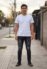Jeans Hombre Estilo Punk Skinny Negro Rotos