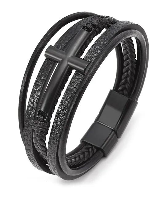 Pulsera de cuero y cruz Acero para hombre
