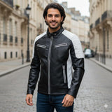 Chaqueta de Cuero Sintético para Hombre | Estilo Café Racer | Negro y Blanco | Slim Fit