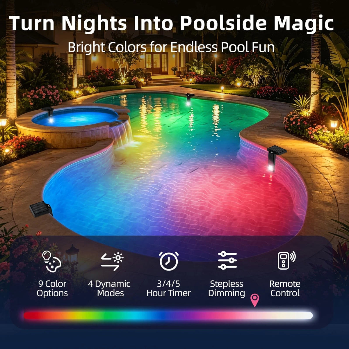 Brightown DS179 Luz Solar LED RGBW para Piscina con Pantalla LCD y Control Remoto