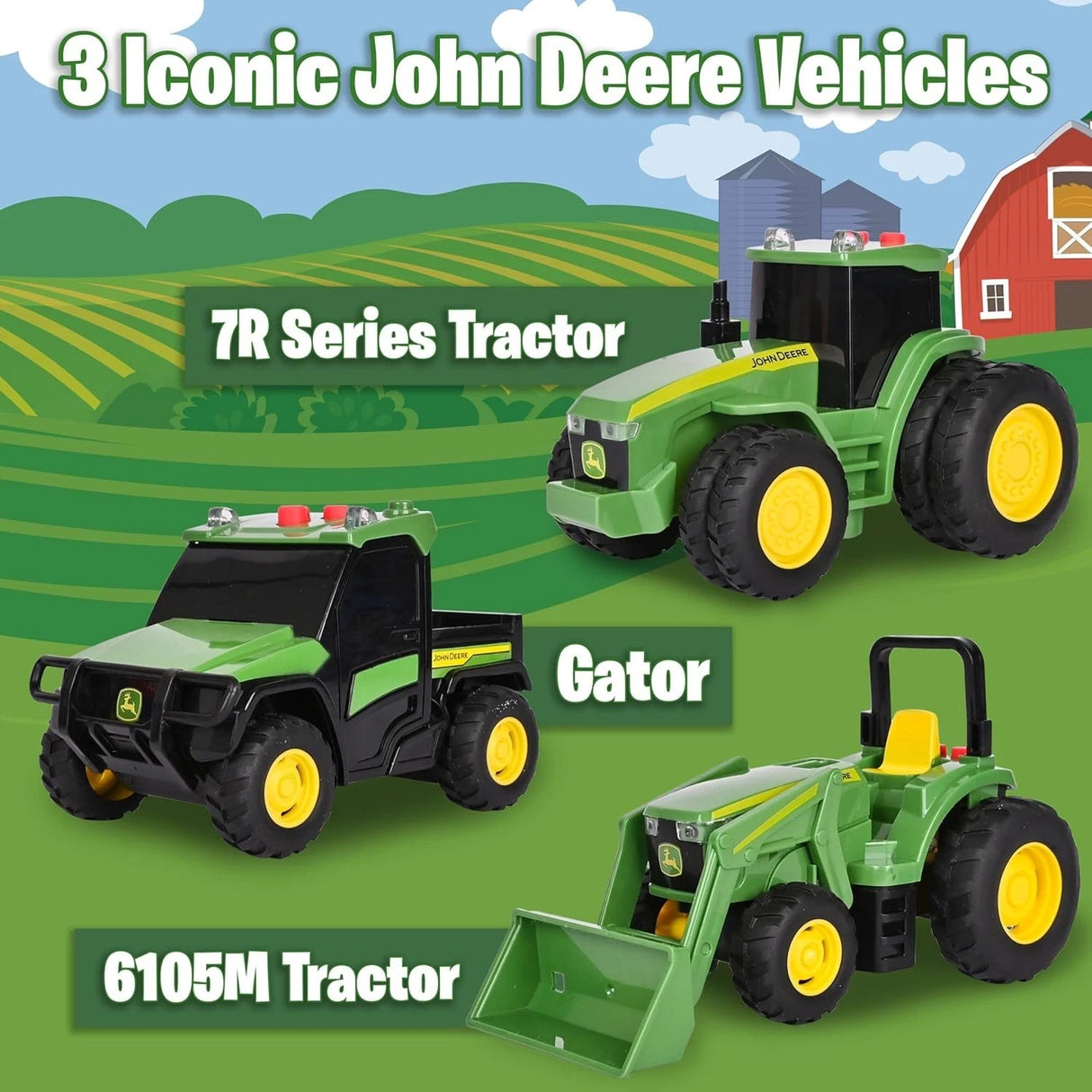 Juego de 3 mini vehículos agrícolas John Deere 2024 - tractores y caimanes