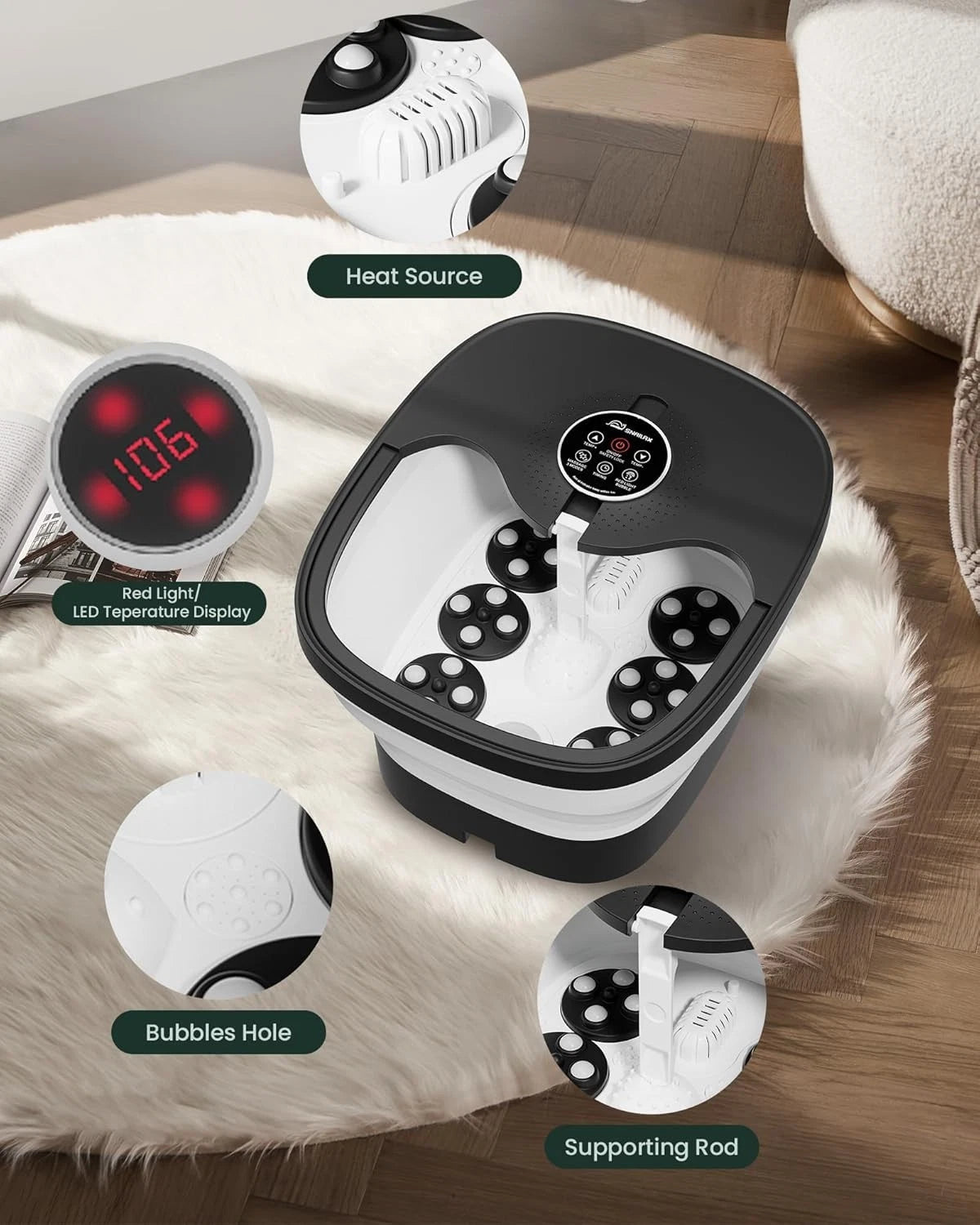 Masajeador de pies con calor, burbujas, rodillos Shiatsu, control remoto 120V
