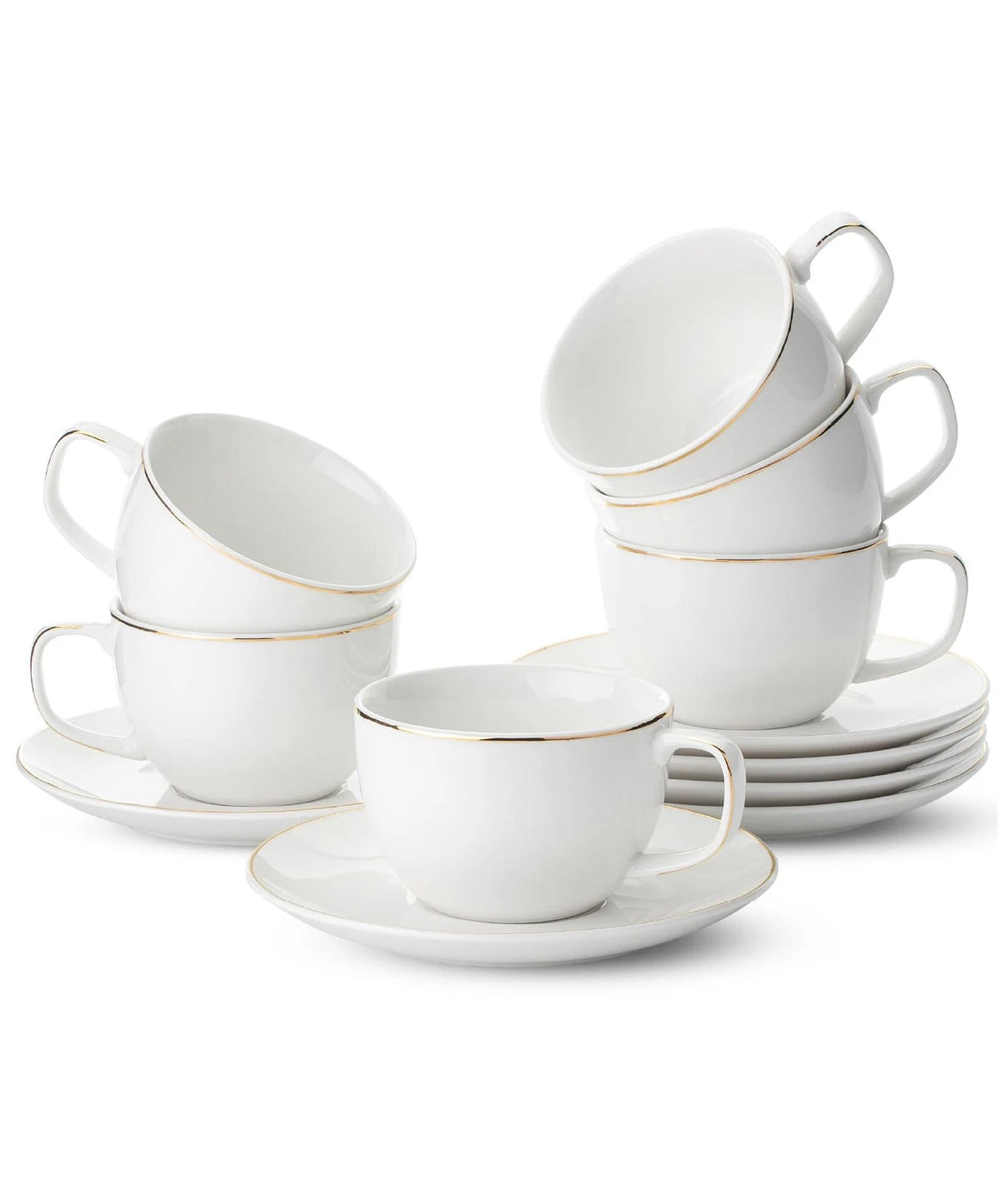 Juego de 6 Tazas para Cappuccino BTaT de Porcelana Blanca con Platillos y Borde Dorado – 207 ml