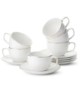 Juego de 6 Tazas para Cappuccino BTaT de Porcelana Blanca con Platillos y Borde Dorado – 207 ml