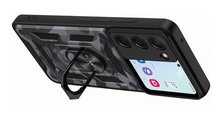 Carcasa Antigolpes para Samsung Galaxy S21 con Protector de Cámara Deslizante, Anillo Metálico y Diseño Camuflaje