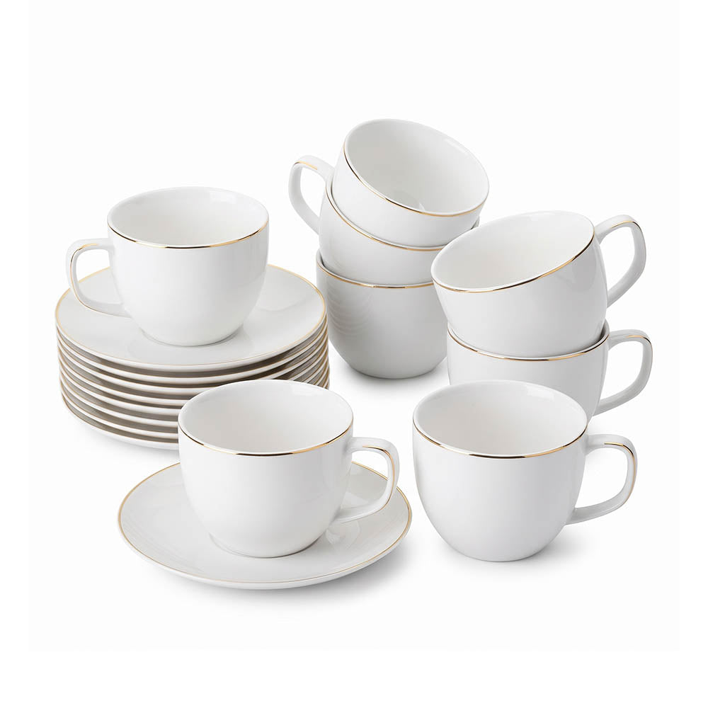 Juego de 6 Tazas para Cappuccino BTaT de Porcelana Blanca con Platillos y Borde Dorado – 207 ml