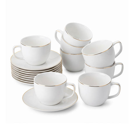 Juego de 6 Tazas para Cappuccino BTaT de Porcelana Blanca con Platillos y Borde Dorado – 207 ml